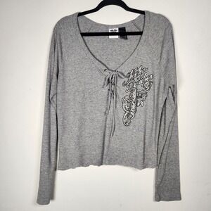 Vintage Harley Davidson Womens XL Gray Rib Knit Top Rhinestone Tie Neck Grunge*